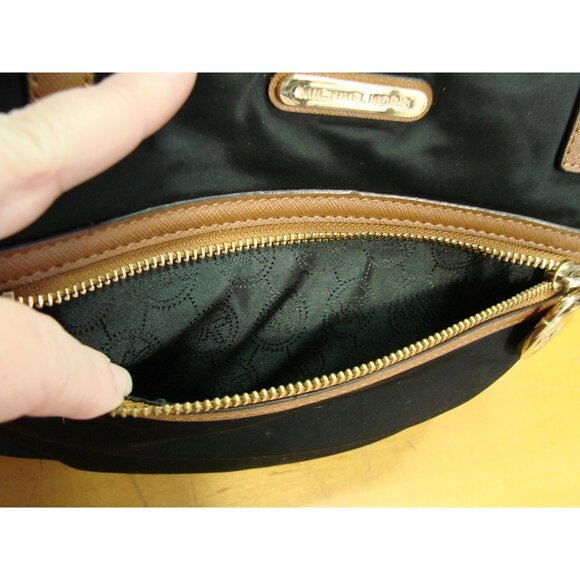 Michael Kors Black Nylon Tote Shoulder Bag Brown Trim Faux Leather Edging Purse - Picture 6 of 12